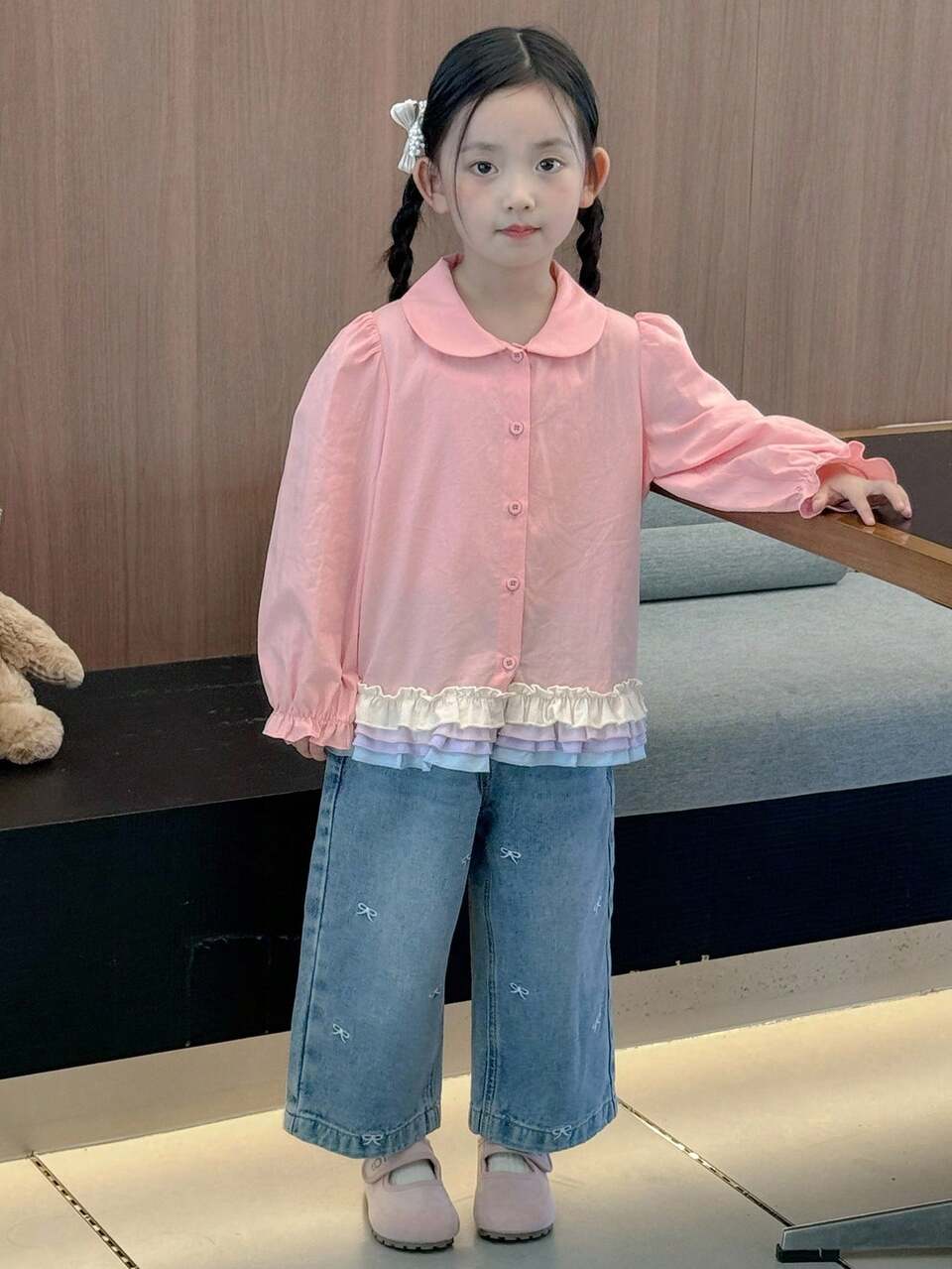 Young Girls' Casual Cute Frill Trim Button Front Blouse