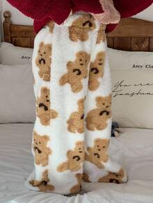 DAZY Young Girl Bear Print Fluffy Pants, Winter Loungewear Thermal Lined - White - View 3