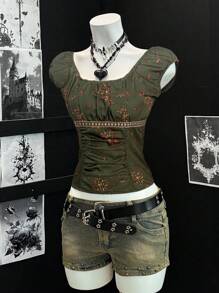 EgrlEra Blusa con cuello de volantes con estampado floral vintage, camisa de mujer elegante de estilo francés con pliegues ajustados