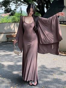 DAZY Women's Loose Casual Sleeveless Dress And Cover Up Set, Elegant Minimalist Style For Office, Vacation, Spring/Summer/Autumn - Brown - View 2