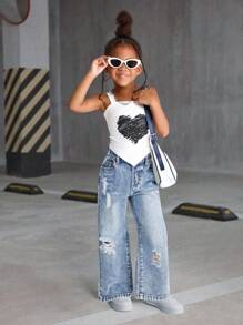 SHEIN Sparklyn 女童休闲百搭破洞直筒牛仔裤 - 藍色 - 查看 4