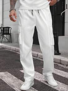 Manfinity CasualCool Pantaloni cargo casual da uomo di colore bianco, pantaloni cargo bianchi da uomo, pantaloni jogger bianchi da uomo. Pantaloni casual da uomo con vita con coulisse e gamba dritta, tasche laterali, tinta unita, adatti per l'autunno e le vacanze - Bianco - Visualizzare 6