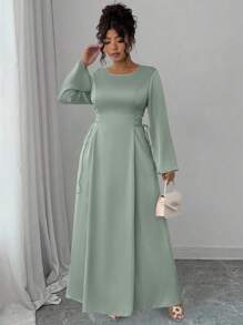 SHEIN Elenzya Vestido Elegante de Manga Longa com Laço na Cintura, Plus Size - Verde - Visão 5