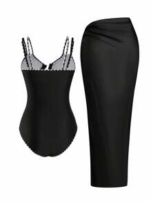 Swim Oasis Plus Size Women's Black One-Piece Swimsuit With Dual Straps & Ruffle Trim, Paired With Black Mesh Skirt, 2pcs Set For Beach Vacation For Summer