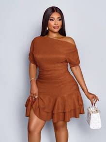 SOLERSUN 女士优雅派对日间杏色针织不对称领口长袖褶皱双褶迷你连衣裙 - 鏽棕色 - 查看 5