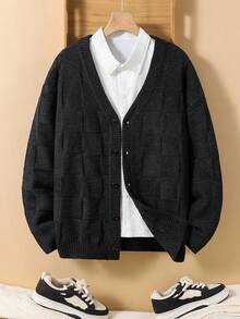 SHEIN Teen Boys' Charcoal Grey Textured Cardigan Sweater,Baggy Casual College Style Button Knitted Cardigan,Back-To-School Soft Autumn Outwear For School - Dark Grey - View 1