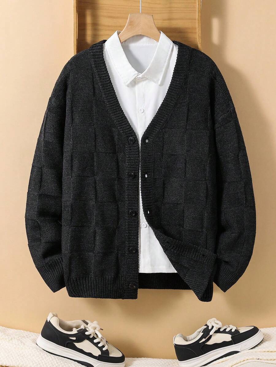 SHEIN Teen Boys' Charcoal Grey Textured Cardigan Sweater,Baggy Casual College Style Button Knitted Cardigan,Back-To-School Soft Autumn Outwear For School - Dark Grey - View 1