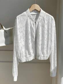 Comfortcana Women's Casual Daily Street Jacquard Zip-Up Jacket, Spring/Autumn,Fall Women Clothes - White - View 6