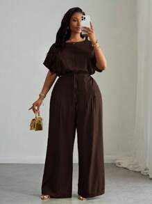 Slaydiva Bộ đồ nữ cỡ lớn mùa Xuân/Hè mới gồm 2 món - Áo croptop tay raglan rộng màu xanh lá cây có dây rút ở gấu áo và quần ống rộng có túi. - màu nâu - Xem 5