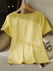 Modelyn Elegant 3D Floral Decor Solid Color T-Shirt, Summer - Yellow - View 2