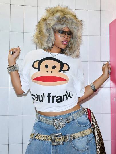 Paul Frank X ROMWE T-shirt femme grande taille, mode de rue mignonne avec motif animal et logo