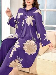 SHEIN Lacomfia 加大码花卉印花长袖上衣和长裙两件套，舒适休闲的阿拉伯风格女式秋季服装