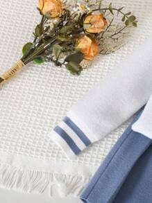 SHEIN Crew Neck Langarm Set Kleid, Schleifen Dekor gestreifte Manschette, lebendiger Rock Stil