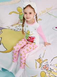 LE PETIT PRINCE X SHEIN Ensemble pyjama avec t-shirt à manches longues décontracté et polyvalent avec motif graphique de personnage de dessin animé de jeune fille et motif rose, et pantalon imprimé d'étoiles