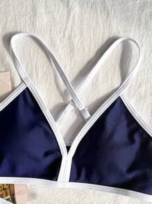 SHEIN Tween Girls' Casual Beach Vacation Vintage Color Contrast Criss-Cross Strap Bikini Set, Navy Blue - Royal Blue - View 5