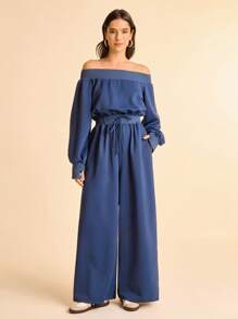 CAJUNI Tuta monocolore a maniche lunghe con spalle scoperte - Top basic/da uscire per donne/Abbigliamento autunnale per donne/Spalle scoperte - Blu Navy - Visualizzare 7