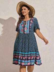 Comfylo Đầm dự tiệc tay ngắn họa tiết hoa hạt điều cỡ lớn cho nữ phong cách Bohemian - Nhiều màu - Xem 6