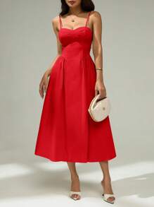 SHEIN PETITE Women's Solid Color Waist Cinched Elegant Spaghetti Strap Dress Red Midi Dress,Elegant Dresses For Women,Party Dresses For Women ,Petite Women - Red - View 4
