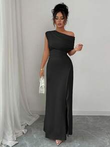 Elenzga Women's Elegant Fashion Commuter Casual Comfortable Charming Resort Gentle Lady Minimalist High-End Holiday Sleeveless Oblique Shoulder Gathered Waist Bodycon Side Slit Solid Color Maxi Dress