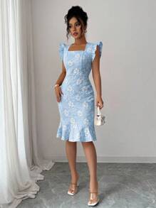 Elenzga Women's Elegant Jacquard Crew Neck Ruffle Armhole Flounce Hem Fitted Knee-Length Dress, Suitable For Commuting In Summer - Blue - View 4