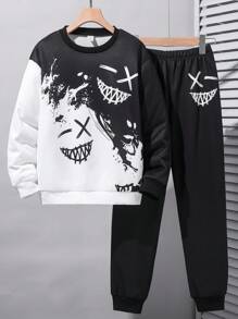 Tween Boys Funny Smiling Face Print Hoodie Set, Suitable For Street Wear And Theme Parties Chic Outfits For Autumn/Winter Fall