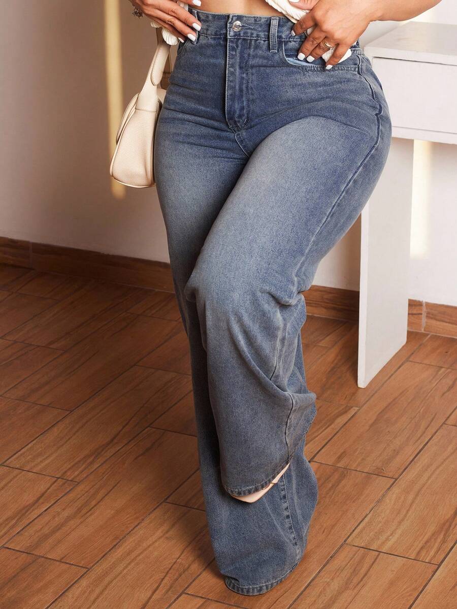 Lupita Cardoza 女士休閒寬鬆落腳牛仔褲，每日穿著帶口袋 - 深色水洗藍 - 查看 1