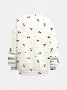 SHEIN Leap Crew Áo nỉ tay dài cổ tròn in họa tiết quả anh đào dễ thương, cổ điển, dễ thương, màu trắng kem, dành cho bé gái tuổi mới lớn, dáng rộng, thoải mái, phù hợp cho mùa thu/đông, trở lại trường, phong cách những năm 2000, phong cách Hàn Quốc, mùa thu/thu, tiệc chào đón, mùa đông, phong cách Grunge - Nhiều màu - Xem 3