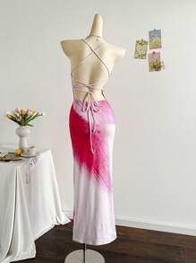 Soleia 女士度假花卉印花低胸露背系带长裙，休闲性感连衣裙，适合夏季度假、约会、下午茶、海滩、游轮、公路旅行、音乐节、波西米亚风度假 - 淺粉色 - 查看 2