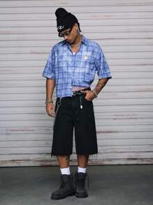 AXEPEAK Áo sơ mi nam cổ bẻ tay ngắn dáng rộng in kỹ thuật số nhiều kích cỡ phong cách đường phố - Màu xanh nhạt - Xem 5