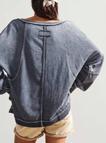 Bohemela Women's Casual Solid Color V-Neck Long Sleeve Loose Washed T-Shirt Travel Slate Blue Autumn - Grey - View 7