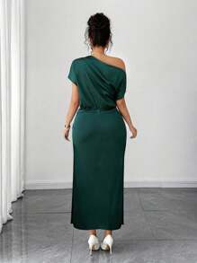 Rafferiza Petite 女式短款缎面垂坠领口不对称肩部不对称褶皱腰部修身 A 字形连衣裙，夏季 - 墨綠色 - 查看 2