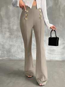 SHEIN Tall Pantalones acampanados de doble botonadura decorativa de talla alta - Beis - Ver 3