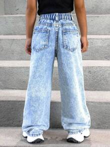 SHEIN Explorewe Young Girl New Y2K Style Denim Jeans   New Fashionable High-Quality Distressed Washed Denim Straight Leg Jeans - Light Wash - View 2
