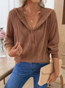 SHEIN LUNE 女士休闲纯色连帽衫 - 卡其色 - 查看 6