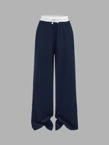 SHEIN Girlism Teen Girls' Ribbed Knit Contrast Color Casual Fitted T-Shirt & Loose Waistband Pocket Pants Set, Spring/Summer, Sporty Streetwear, Suitable For School, Football, Outdoor