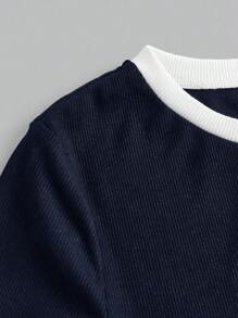 SHEIN Girlism Teen Girls' Ribbed Knit Contrast Color Casual Fitted T-Shirt & Loose Waistband Pocket Pants Set, Spring/Summer, Sporty Streetwear, Suitable For School, Football, Outdoor