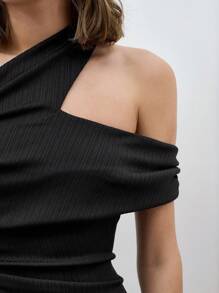 Maija Women's Solid Color Asymmetric Neck Simple Fitted Casual Dress Festival - Black - View 4