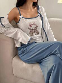 DAZY 3pcs/Set Contrast Color Cute Rabbit Print Cami Top & Button Placket Top & Solid Color Pants Women Pajama Set, Fall Winter Clothes - Dusty Blue - View 4