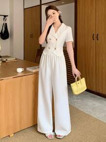 SHEIN 青少年女孩白色纯色梭织休闲通勤翻领短袖纽扣弧形下摆上衣和直筒裤两件套服装套装，返校季，休闲优雅套装