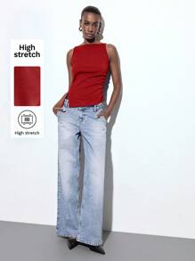 Maija Women's Red V-Neck Cold-Shoulder Camisole, Solid Color Ruched Asymmetric Hem Side Slit Fashionable Versatile Casual Blouse For Urban, Business Casual - Red - View 1