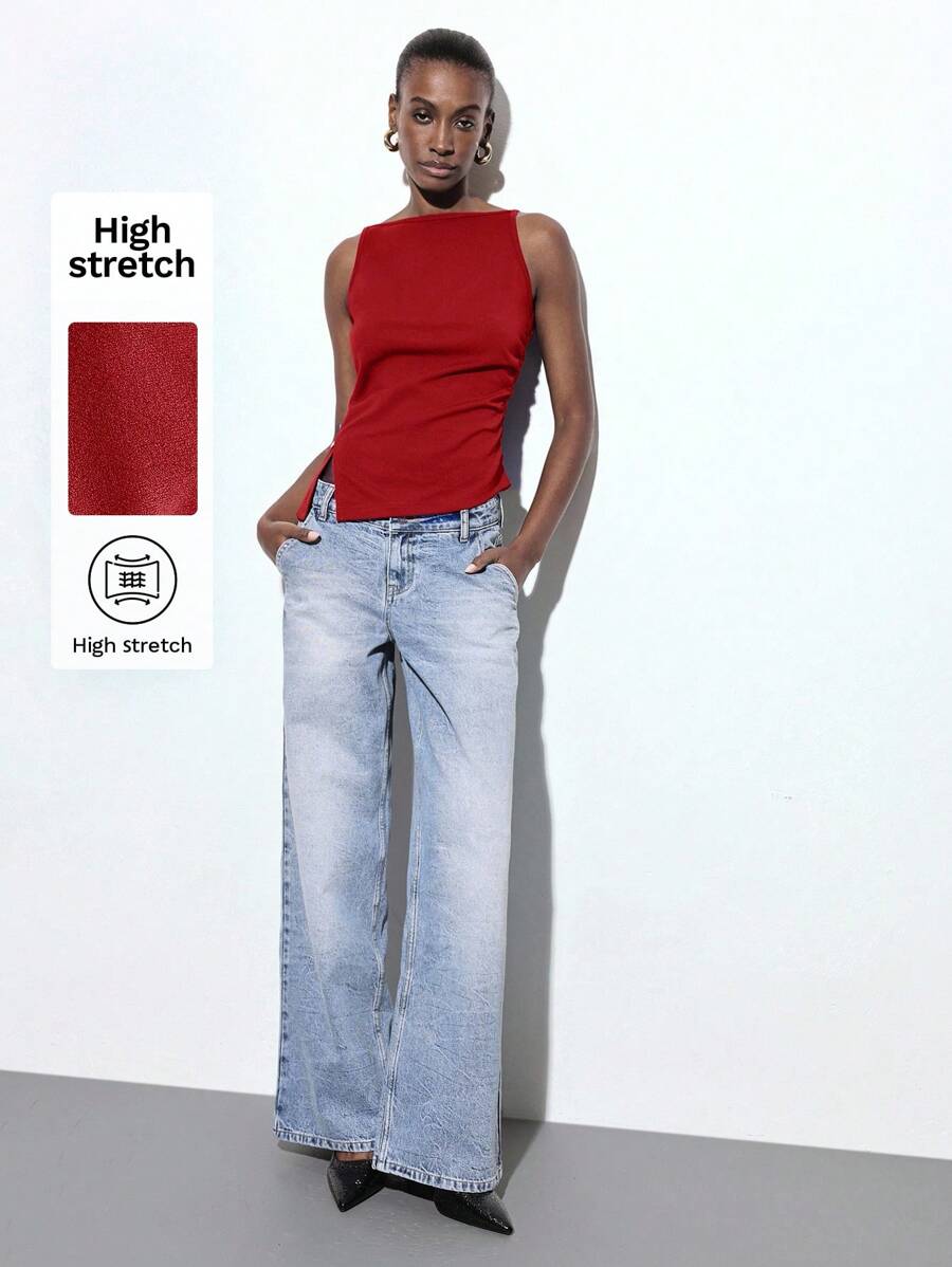 Maija Women's Red V-Neck Cold-Shoulder Camisole, Solid Color Ruched Asymmetric Hem Side Slit Fashionable Versatile Casual Blouse For Urban, Business Casual - Red - View 1