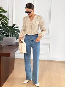 Serisse 女装秋季花卉提花长袖单排扣时尚夹克外套商务休闲女装返校服秋季女装四季服装教师装优雅灯笼袖花卉夹克居家办公 - 杏色 - 查看 6