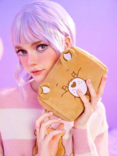 ROMWE X Care Bears Bolsa de cosméticos de peluche con bordado de dibujos animados lindos, organizador portátil