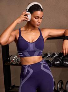 Powerista Sujetador deportivo de rayas para uso diario y fitness para mujeres - Azul - Ver 7