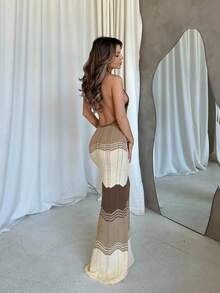 Jemour Women's Color Block Halterneck Hollow Out Knitted Sweater Dress - Khaki - View 2