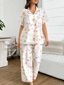 SHEIN Floral Print Lapel Cardigan & Bubble Chiffon Plus Size Pajama Set,Summer Pj Sets For Women - Multicolor - View 3