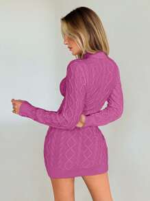 EURMUSE Damen Herbst/Winter Neue Sexy Modische Alltagskleidung Rollkragen Zopfstrick Dicker Kurzer Pulloverkleid - Pink - Übersicht 2