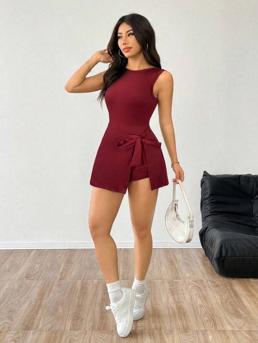 SHEIN EZwear Women's Burgundy Minimalist Sleeveless Jumpsuit - Burgundy - View 1
