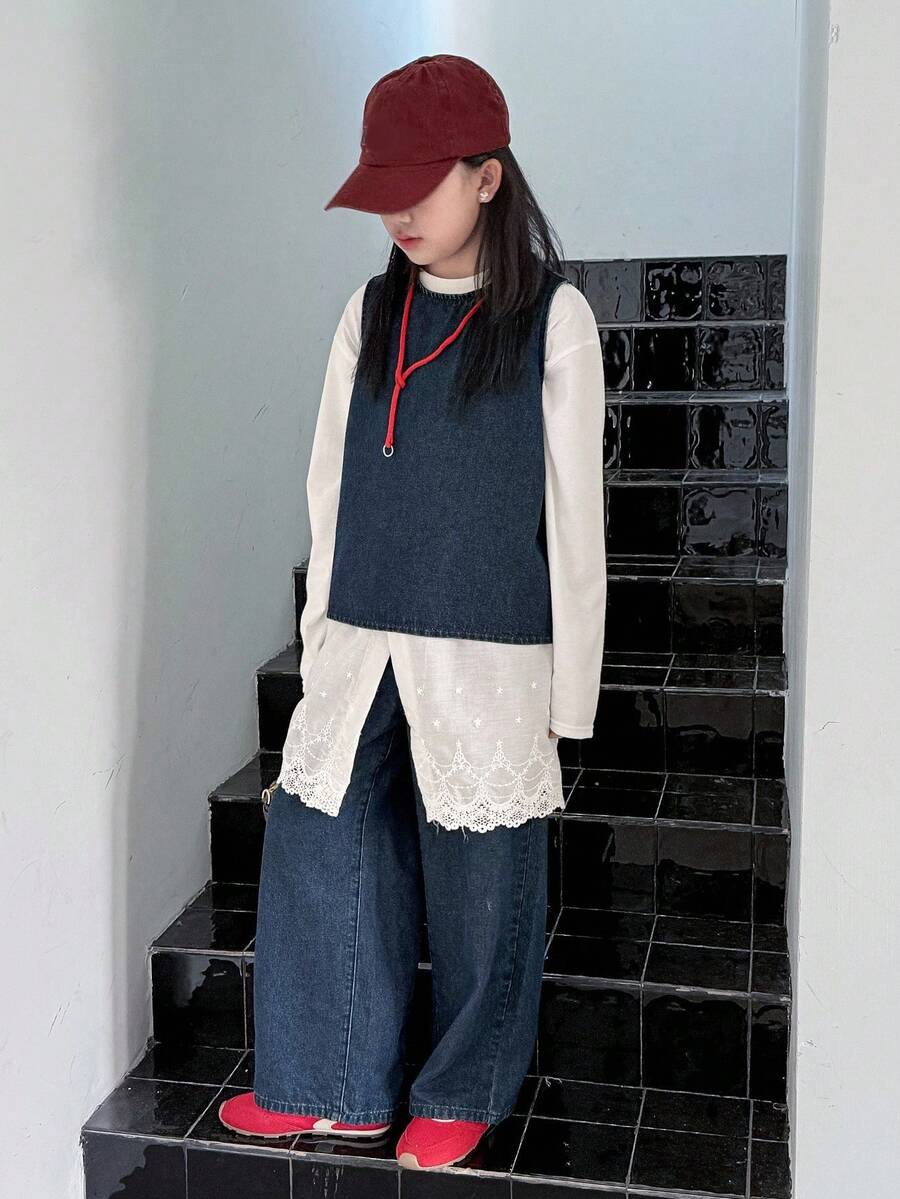 Dazy Kids 2 件套青少年女孩牛仔无袖圆领上衣和牛仔裤套装,秋季服装 - 藍色 - 查看 1