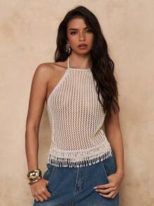 SHEIN BAE Sexy Women's Knit Top With Pearl Beaded Hem Detail And Tie-Neck Backless Design - Apricot - View 6